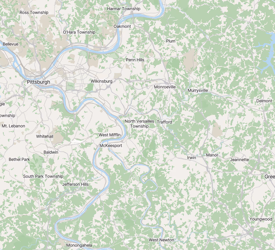 Map showing Pittsburgh and surrounding townships including Monroeville, McKeesport, Jeannette, and Mt. Lebanon.